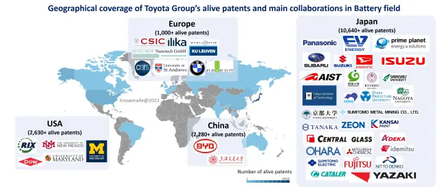 Map showing the extent of Toyota’s battery technology partnerships.