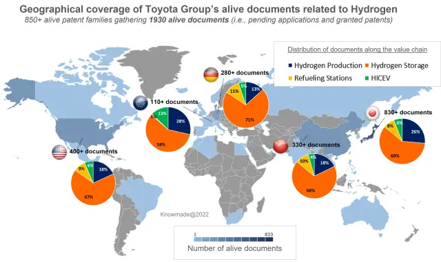 Map showing areas where Toyota seems to want to establish itself on the hydrogen-related technologies’ market.