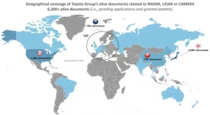 Global map showing where Toyota aims to grow and protect its autonomous car market and related sensor technologies.