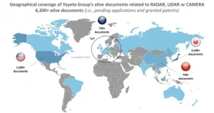 Global map showing where Toyota aims to grow and protect its autonomous car market and related sensor technologies.