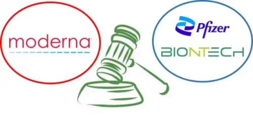 Illustration of legal pursuit of Pfizer BioNTech by Moderna about m RNA patent infringement.
