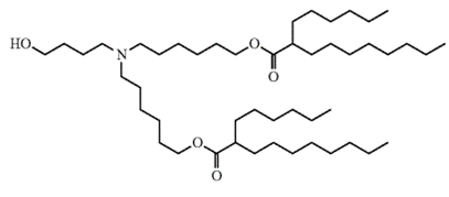 Diagram illustrating the chemical structure of the cationic lipid ALC-0315, developed by Acuitas Therapeutics.