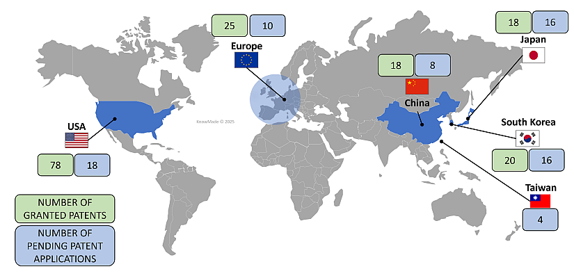 Map showing the geographical coverage of Sion Power's Lithium batteries related alive patent assets that claim lithium metal-based anodes.