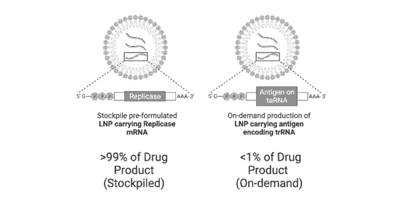 Schematic from WO2025129137 patent showing Amplitude Therapeutics’ taRNA two-component vaccine architecture using lipid nanoparticles.
