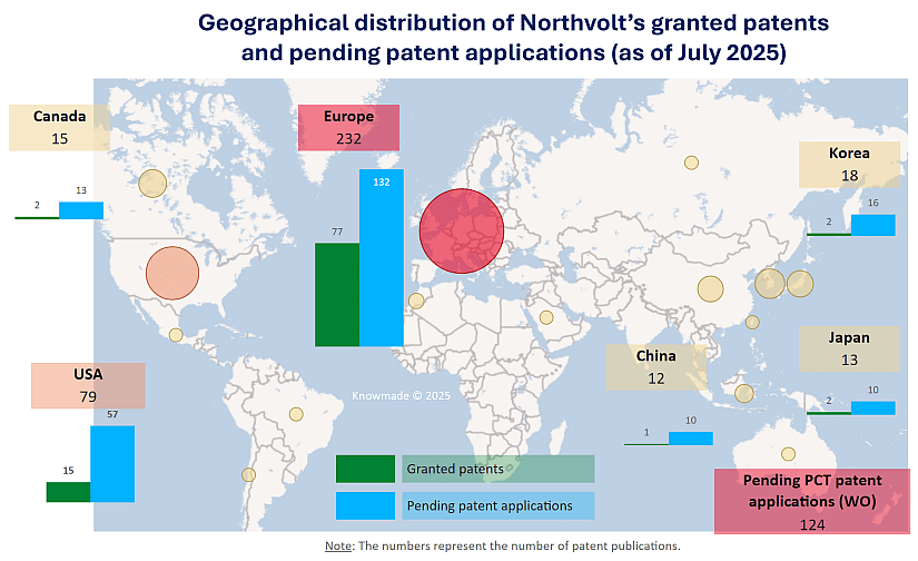 Map showing the geographical distribution of Northvolt's granted patents and pending patent applications.