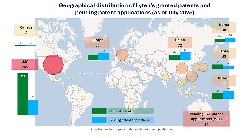 Map showing the geographical distribution of Lyten's granted and pending patent applications.