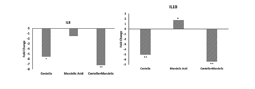 Graphes showing the effects of different bioactives on the expression of senescence-associated genes in keratinocytes after a 72h treatment.