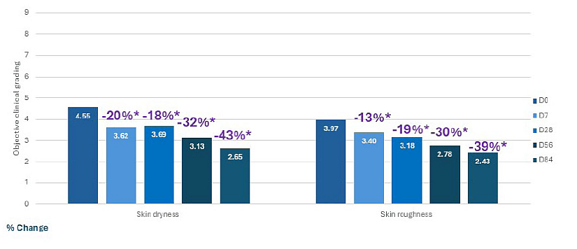 Bar chat showing the clinical grading of skin dryness and skin roughness after the topical application of the formula for 84 days.
