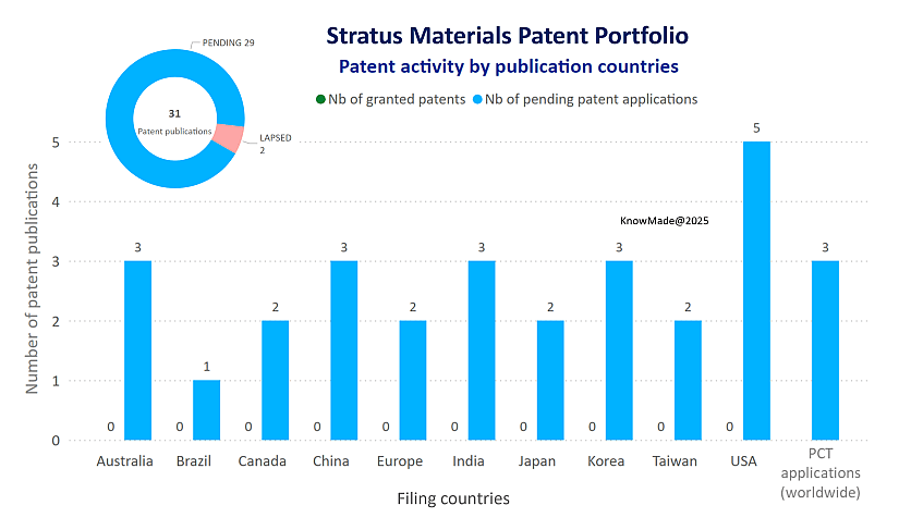 Bar chart showing the Straus Materials' patent activity by publication countries.
