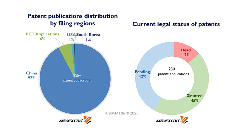 Circle graphs showing the patent publications by filling regions and current leagl status of patents for Maxscend.