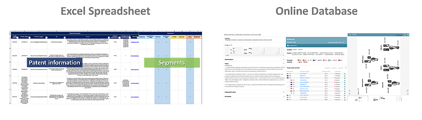 Two examples of data in the Cancer & Antibody Conjugates Patent Landscape Analysis 2025.